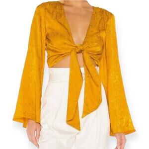 House of Harlow 1960 x Revolve Gold Metallic Tie Front Bell Sleeve Blouse Top S